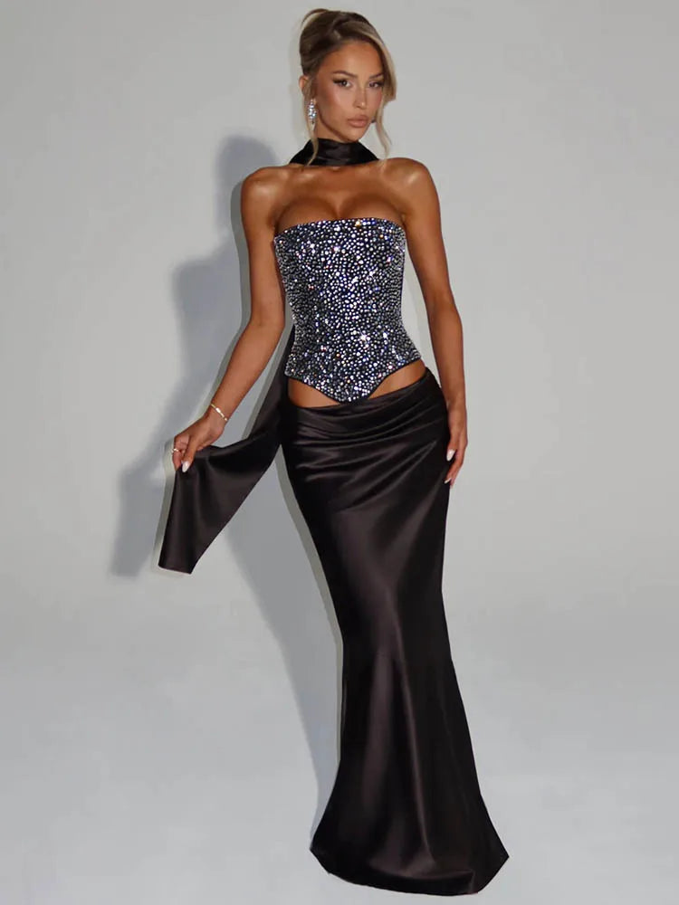 Mozision Pailletten Zweiteiler Damen – Elegantes Satin Crop Top & Langer Rock